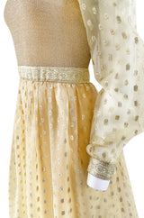 1960s Mannequin Pale Gold Metallic Lame & Organza Maxi Dress