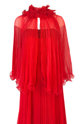 1970s Alfred Bosand Red Chiffon Accordion Pleat Dress & Matching Cape