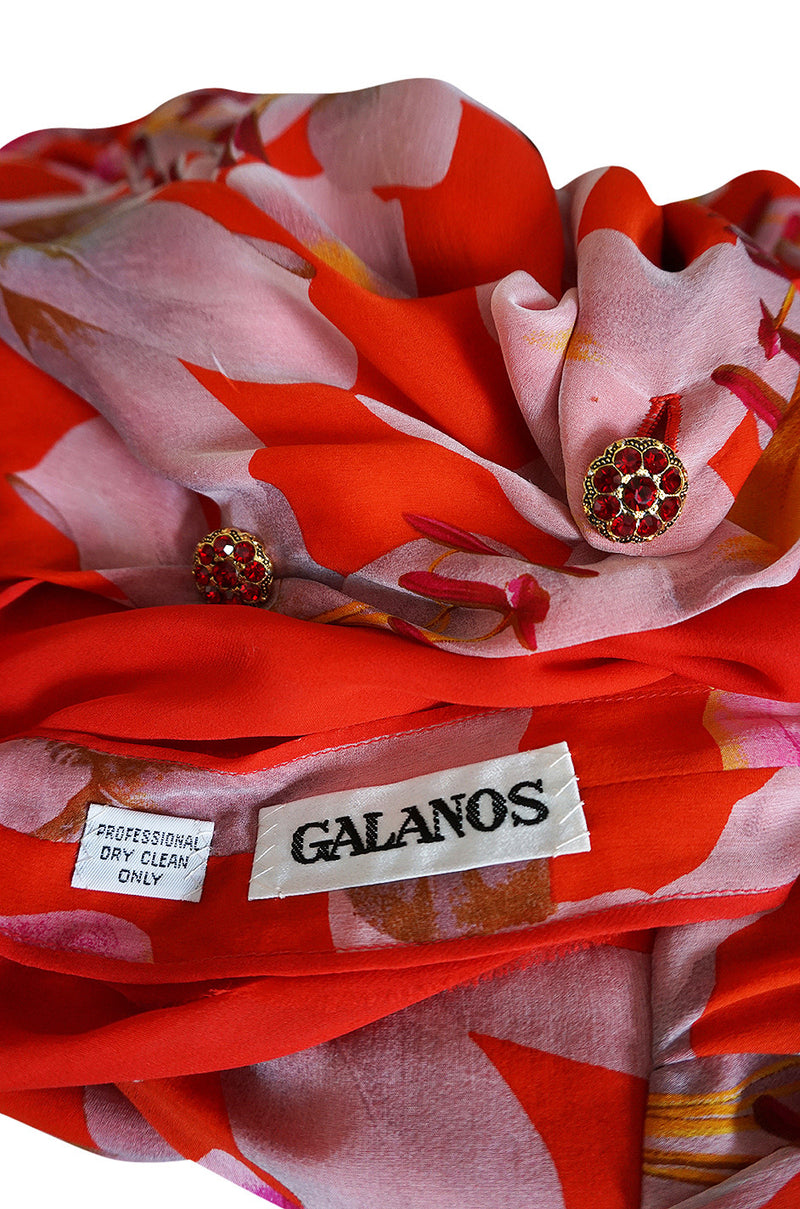 1980s Galanos Brilliant Floral Silk Chiffon Pant & Jacket Set