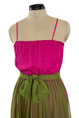 Gorgeous 1970s Galanos Couture Bright Pink & Moss Green Silk Chiffon Dress