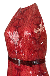 Documented 1974 Bill Blass Red Sequin Snakeskin Print Halter Dress