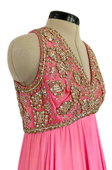 1960s Pat Sandler Pink Silk Chiffon Dress w Rhinestone & Gold Metal Cord Bodice Detailing