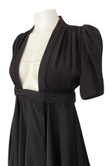 Iconic c.1969 Ossie Clark 'Bridget' Black Crepe Plunge Front Wrap Dress