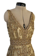 Incredible 1960s Malcolm Starr Gold Metal Net Dress w Metal Cording & Rhinestones