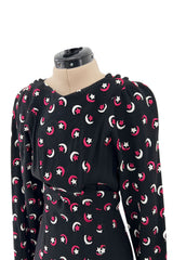 Wonderful 1971 Ossie Clark Moss Crepe Dress w Celia Birtwell Moon & Star Embroidery