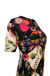 1960s Emilio Pucci Unusual Bright Floral & Black Print Silk Jersey Dress