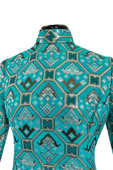 Gorgeous 1970s Mollie Parnis Turquoise Dress w Metallic Gold & Silver Detailing
