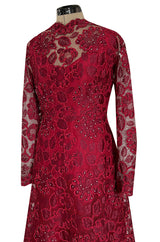 1986 Arnold Scaasi Couture Deep Red Lace Dress w Rhinestone Detailing & Trained Back Skirt