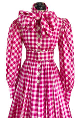 Spectacular Early 1960s Norman Norell Pink Gingham Silk Taffeta Dress w Bow & Pouf Sleeves