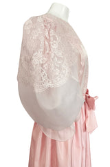 1980s Oscar de la Renta Pale Pink Taffeta, Lace & Chiffon Pouf Sleeve Dress