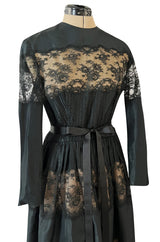 Gorgeous 1970s Larry Aldrich Black Silk Tafetta Dress w Illusion Nude Lace Panels
