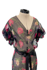 Prettiest 1930s Bias Cut Transparent Floral Print Silk Crepe Chiffon Dress w Capped Sleeves