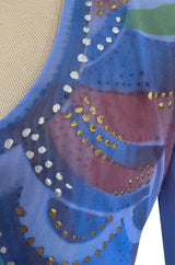 1970s Giorgio Sant Angelo Hand Painted Stretch Blue Net Bodysuit w Gold & Silver Accents