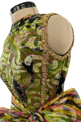 Fabulous 1960s Unlabeled Metallic Green Organza Dress Set w Matching Hot Pants & Gold Trim