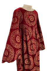 1930s Franco Bertoli Hand Painted Gold Patterned Caftan Dress on A Deep Red Silk Velvet