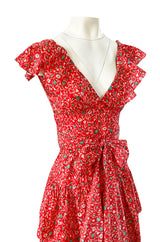 Prettiest 1970s Oscar de la Renta Tiered & Ruffled Tiny Floral Red Dress