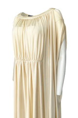 Rare 1970s Yuki Ivory Draped Jersey Open Shoulder Caftan Dress