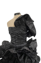 Incredible Fall 1985 Christian Dior by Marc Bohan Black Silk Taffeta Dress w Extravagant Ruffles