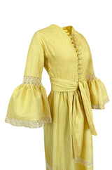 1960s Yellow Mexican Pin Tuck Dress w Extraordinary Bell Sleeve Detail