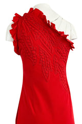 Documented 1981 James Galanos One Shoulder Red Silk Dress w Trapunto Quilting Detail