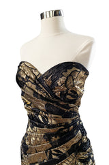 Fall 1988 Emanual Ungaro Strapelss Gold Metallic Black & Gold Ruffled Hem Dress