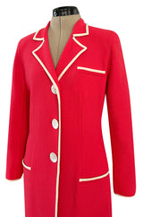 1980s Valentino Textured Wool Long Cut Jacket & Skirt Set in a Vivid Coral w Cream Trim