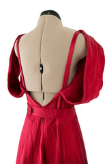 Stunning 1930s Hammered Silk Satin Deep Red Dress w Low Back & Unusual Sleeves