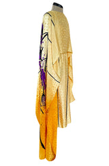 Extraordinary 1970s Holly's Harp Hand Painted Silk Multi-Wear Dress w Metallic Accents & Applique