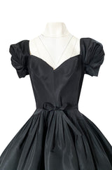 1950s Unlabeled Very Well Made Black Silk Full Skirted Silk Cocktail Dress