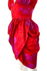 1980s Odicini Couture Coral & Pink Print Plunge Dress w Unusual Skirt