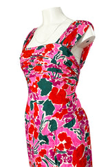 1980s Unlabelled Jacqueline de Ribes Pink Floral Print Silk Dress