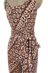 Rare 1970s Emilio Pucci Printed Taupe & White Silk Jersey Halter Jumpsuit w Belt