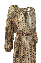 1970s Holly's Harp Silk Ribbon Chiffon Taupe & Black Print Dress