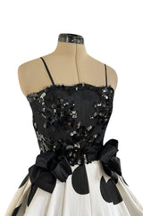 Early 1980s Possible Louis Feraud Graphic Sequin Bodice w Black & White Dotted Bubble Skirt Dress