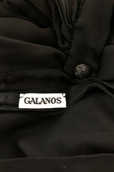 1960s Galanos Domed Rhinestone Button Silk Chiffon Pleat Dress