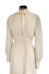 Spring 1976 Chanel Haute Couture Silk Ivory Dress w Hand Stitched Pleats