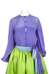 Spring 1978 Bill Blass Crisp Bright Green Silk Taffeta Skirt & Purple Silk Top Dress Set