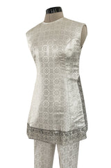 1960s Malcolm Starr Silver Silk Brocade Pant & Tunic Set w Extensive Beaded Detailing