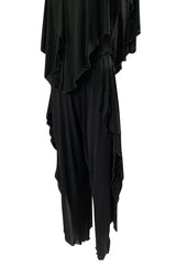 1970s Holly's Harp Black Jersey Ruffled Edge Pant & V Front Top Set