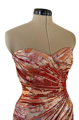 Fall 1988 Emanuel Ungaro Strapless Metallic Gold & Coral Dress w Flirty Ruffled Skirt
