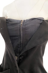 Spring 1985 Yves Saint Laurent Black Cotton Button Front Strapless Mini Dress w Pockets