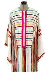 Joyful 1960s Josefa Mexico Rainbow Ribbon on Ivory Cotton Caftan Dress w Zip Front