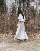 1970s James Galanos Soft Pale Grey & White Floral Print Silk & Silk Chiffon Caped Dress
