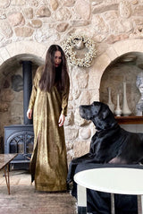 Classic 1970s Halston Metallic Gold Lame Lurex Full Length Caftan Dress w Notched Neckline