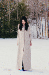 1960s Unlabeled Pink & Gold Metallic Silk Brocade Maxi Coat