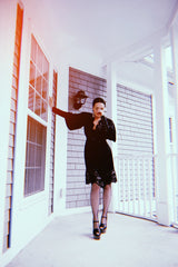 c.1988 Emanuel Ungaro Black Sequin Lace & Silk Satin Dress