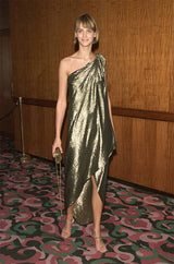 Important 1976 Halston Couture One Shoulder Gold Metallic Lame Sarong Dress