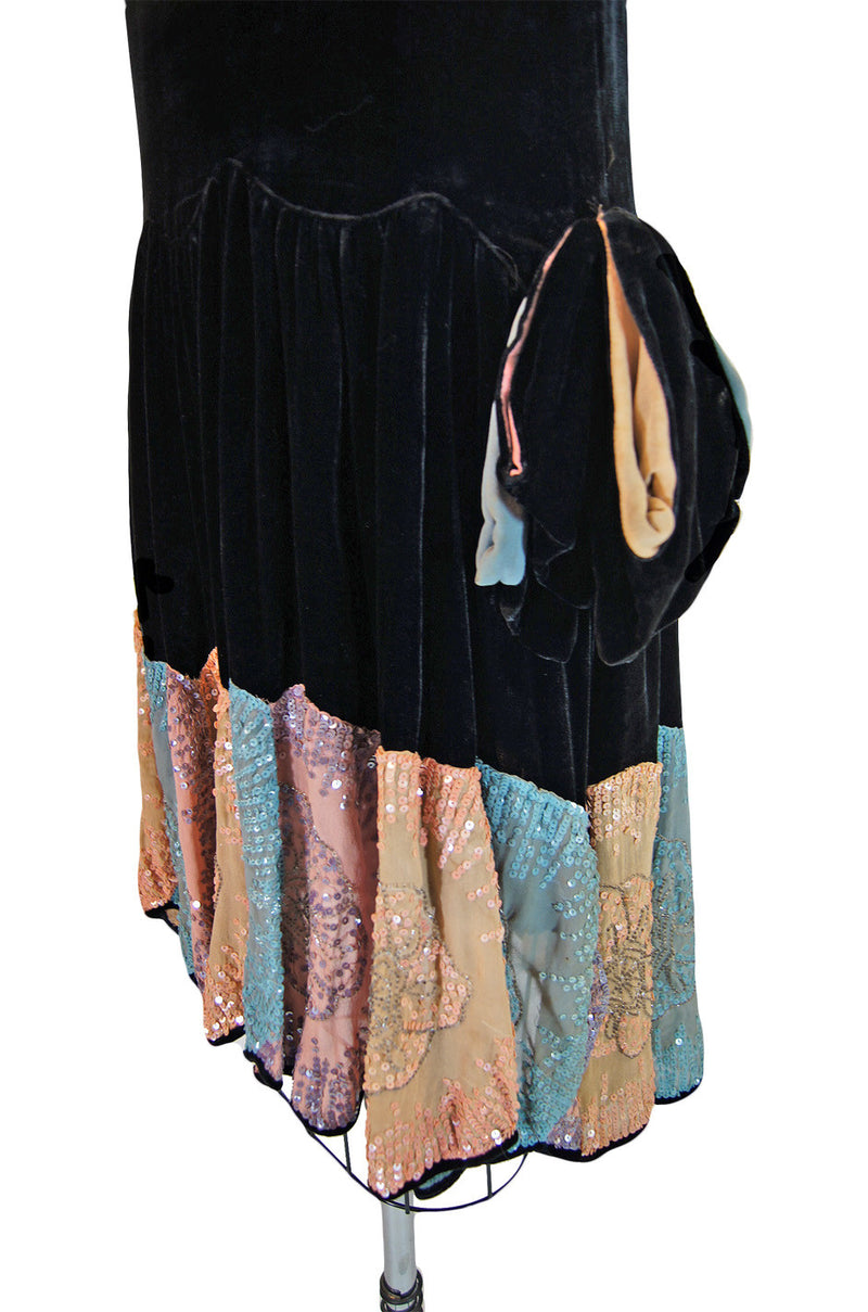 1920s Silk Velvet Sequin Hem Dress
