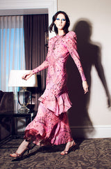 1980s Spiral Bias Cut Pink Silk Metallic Judy Hornby Dress