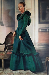 1970s Louis Mies Couture Level Black Silk Taffeta Dress w Embroidered Flowers & Ruffled Detailing